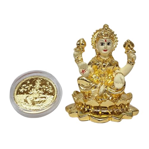 Image 4 of Gold Art India Kamal Laxmi Gold Plated Off White Idol for Home Decor With Coin 2.8" Inch
