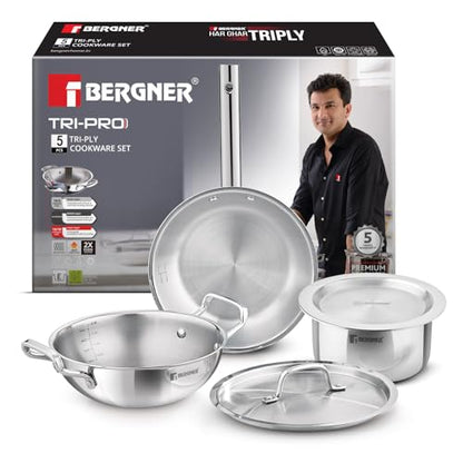 Image 1 of Default Title for the product BERGNER Tripro Triply Stainless Steel Cook Serve N Keep 5 Pcs Cookware Set - 24cm (3L) Kadai with Lid, 22cm (1.5L) Frypan, 16cm (2L) Tope with Lid