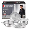Image 1 of Default Title for the product BERGNER Tripro Triply Stainless Steel Cook Serve N Keep 5 Pcs Cookware Set - 24cm (3L) Kadai with Lid, 22cm (1.5L) Frypan, 16cm (2L) Tope with Lid
