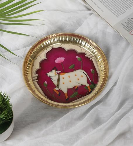 Image 3 of Two Moustaches 6 Inches Kamdhenu Cow Design Brass Pooja Thali, Multicolored, Pack Of 1