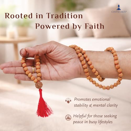 Image 3 of Chitshakti Rudraksha mala 108 +1 Beads Original | Sacred 108 + 1 Rudraksha Meditation Mala | Natural 10 mm Beads with 18 mm Guru Bead | Traditional Hand-Knotted Japa Mala with Red Tassel | Red
