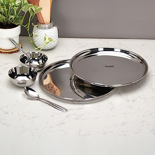 Image 5 of Sumeet plain Stainless Steel Heavy Gauge Mirror Finish Dinner set of 6 Pcs (2 Plate, 2 Bowl/Wati, 2 Spoon), Silver