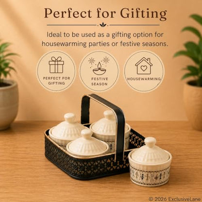 Image 5 of ExclusiveLane Whispers of Warli Ceramic Pickle Jars with Iron Holder Set of 4 160 ml
