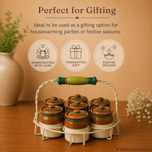 Image 5 of ExclusiveLane Old Martaban Ceramic Pickle Jars with Holder Set of 7, 120 gram, 8.9 cm Mini Jars