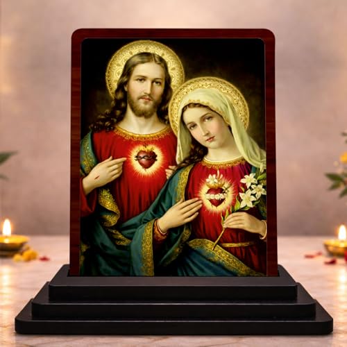 Image 1 of Default Title for the product Jesus and Mother Mary Small Wooden Idol 4x5 Inch Auspicious Blessing HD Printed Home Decor