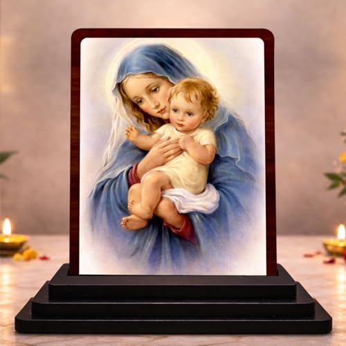 Image 1 of Default Title for the product HD Printed Mother Mary with Child Wooden Idol 4x5 Inch Sacred Portrait Spiritual Showpiece