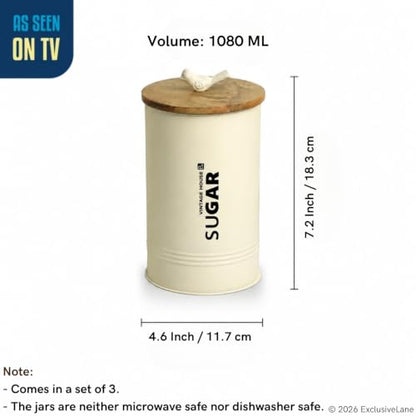 Image 7 of ExclusiveLane White Doves Airtight Metal Jars for Kitchen Storage with Wooden Lid (Set of 3, 1080 ml)
