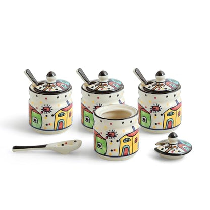 Image 4 of ExclusiveLane 'The Hut' Ceramic Pickle Jars for Dining Table With Spoon & Wooden Holder (Set Of 4, Non-Airtight, 280 ml) | Pickle Jar With Spoon Achar Jar Set Achar Container Set for Dining Table|