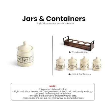 Image 6 of ExclusiveLane Warli Tales Handcrafted Ceramic Pickle Jar With Wooden Tray (Set of 4, 230 ML)