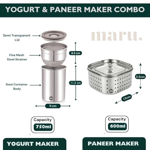 Image 3 of MARU Stainless Steel Yogurt Maker 750ml & Paneer Maker 600ml Combo Set