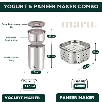 Image 3 of MARU Stainless Steel Yogurt Maker 750ml & Paneer Maker 600ml Combo Set