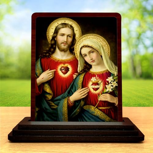 Image 2 of Jesus and Mother Mary Small Wooden Idol 4x5 Inch Auspicious Blessing HD Printed Home Decor