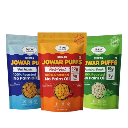 Image 1 of combo for the product NIHKAN Jowar Puffs - Desi Masala, Peri-Peri, Pudhina Punch