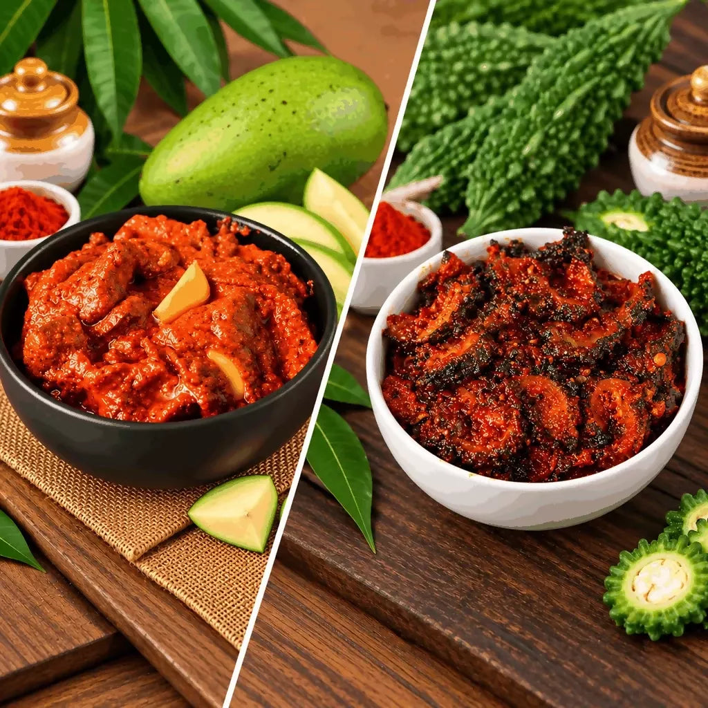 Image 1 of combo for the product Tenali Ruchulu Pickles Combo: Mango Pickle + Kakarakaya Pickle