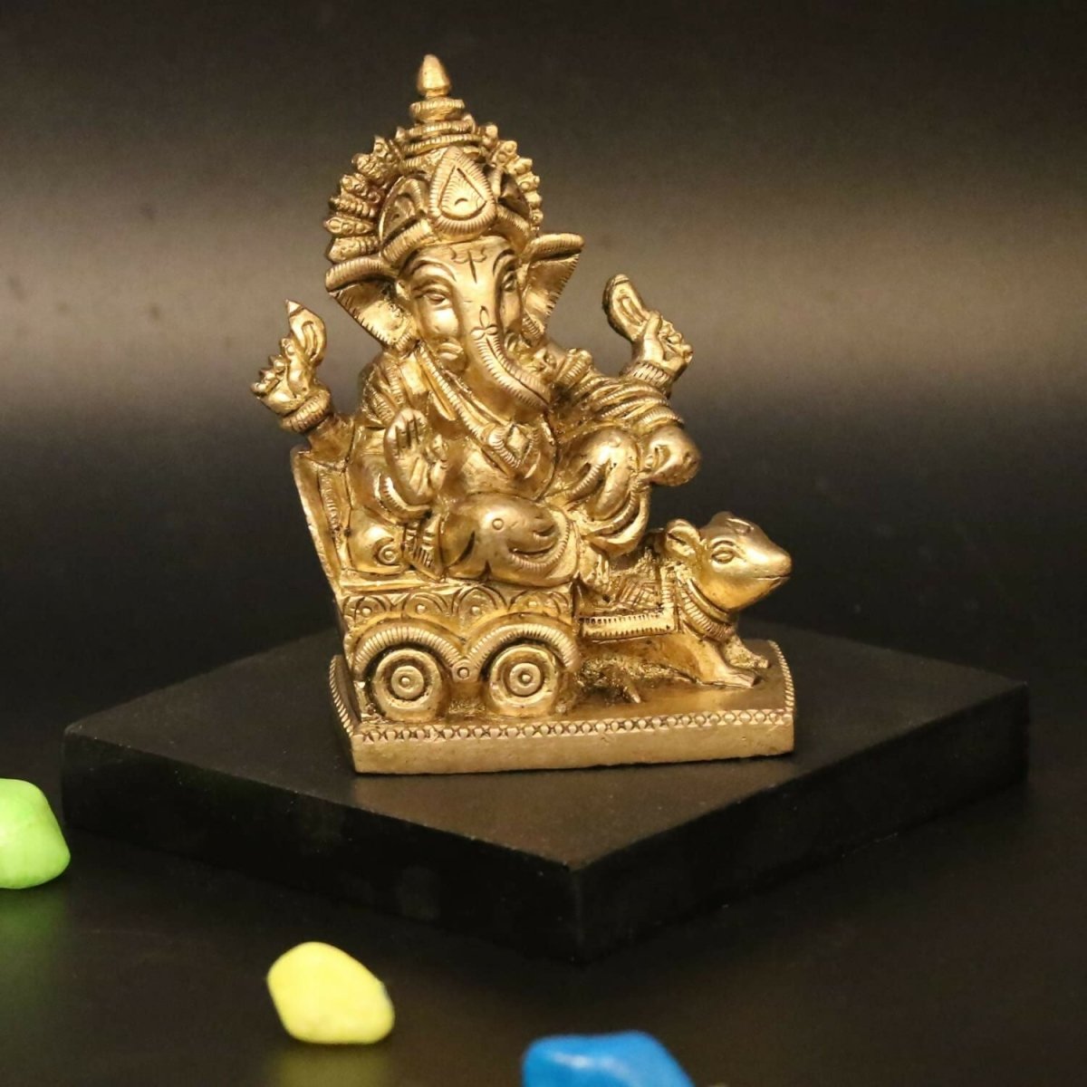 Image 1 of Artvarko Brass Ganesha Riding On Chariot Pulled By Rat Ganesh Ganpati Statue Idol