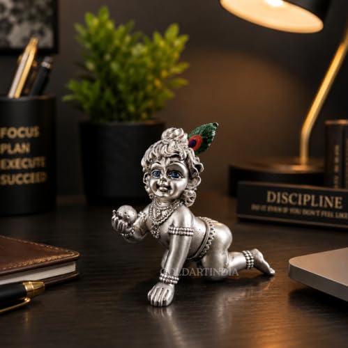 Image 7 of Gold Art India Ganesha Idol for Car Dashboard & Kamdhenu Idol for Vastu Decor (Silver Matte, Oval)