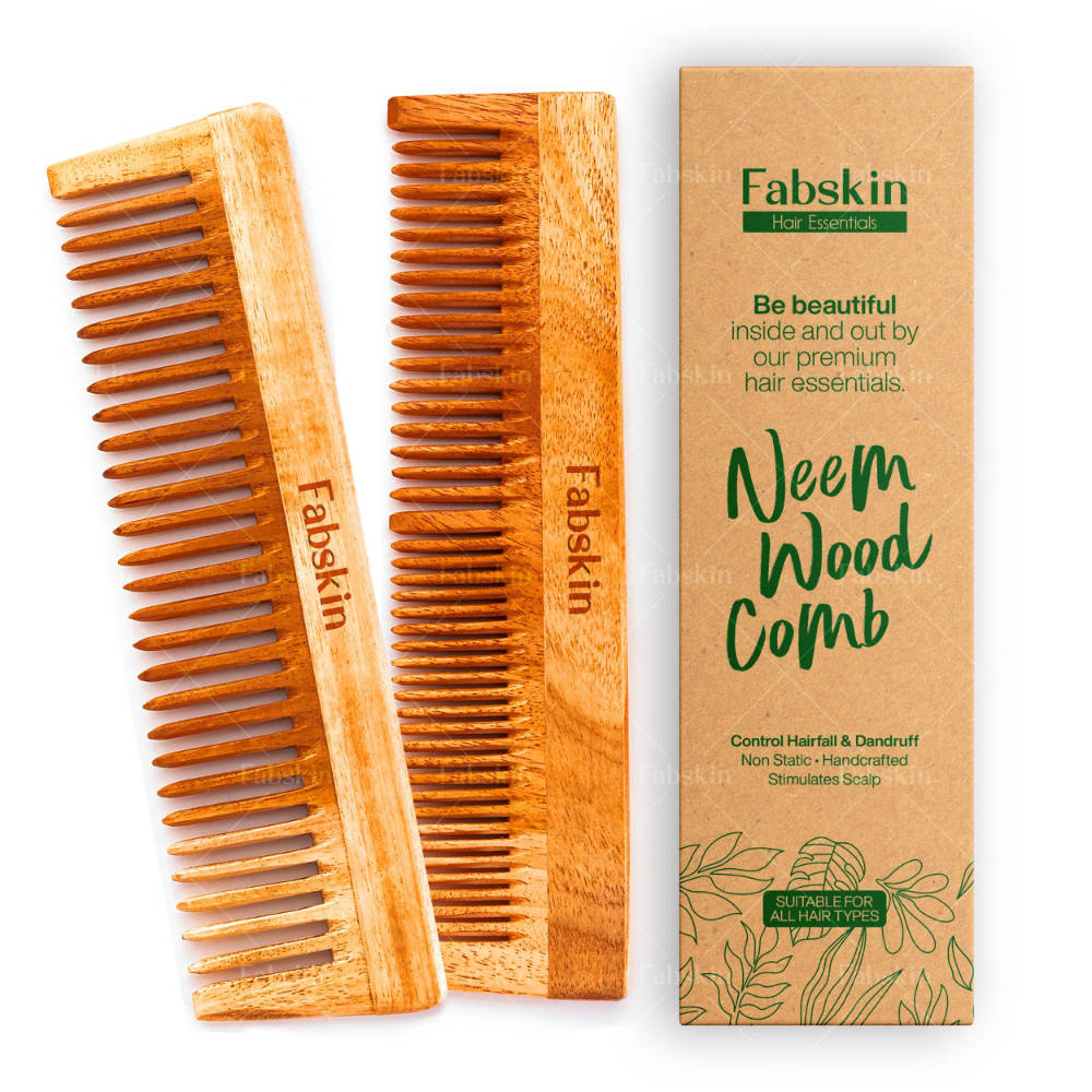 Image 1 of Set Of 2 / Pack of 1 for the product Fabskin Graduated & Wide Tooth Neem Wooden Comb - Set Of 2
