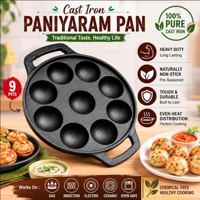 Image 5 of PRABHAVA TRADERS Pre-Seasoned Cast Iron Appam Maker | 9 Pits Paniyaram/Appe Pan | Ponganalu Maker | Gas Stove & Induction Compatible | Heavy Duty Naturally Nonstick | Round