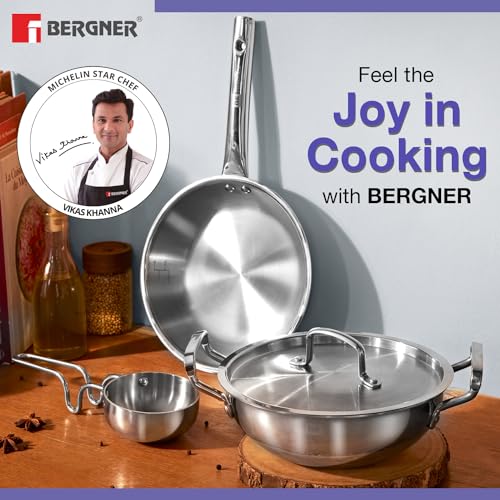 Image 3 of BERGNER TriPro Tri-Ply Stainless Steel 4 Pcs Cookware Set - 22cm Indian Wok/Kadai with Lid, 22cm Frypan, 10cm Tadka Pan
