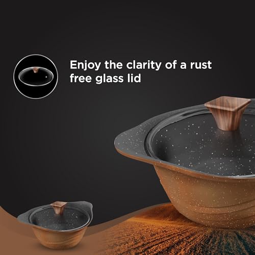 Image 4 of Preethi Artistic Collection Die Cast Non Stick Kadai, 24 cm,with Glass Lid, 5 Star Non Stick Effect, Cook & Serve, Earthy Brown