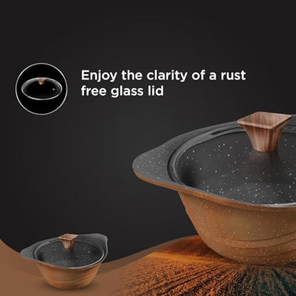 Image 4 of Preethi Artistic Collection Die Cast Non Stick Kadai, 24 cm,with Glass Lid, 5 Star Non Stick Effect, Cook & Serve, Earthy Brown