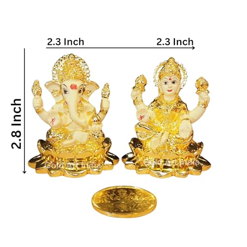 Image 4 of Gold Art India Laxmi Ganesh Gold Plated Off White Terracotta Idol for Home With Coin (2.8 Inch)
