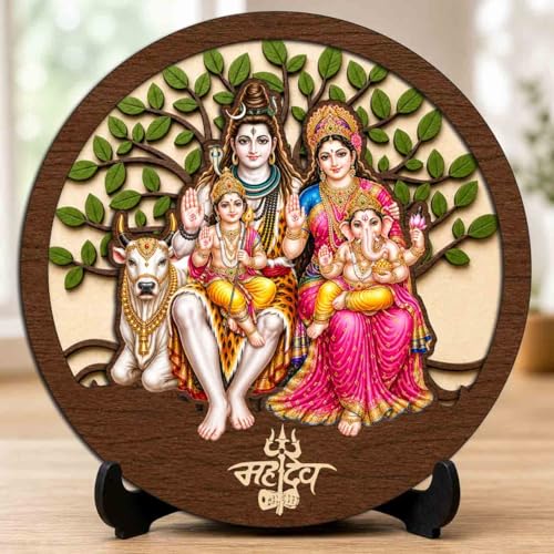 Image 1 of Default Title for the product Shiv Parivar Wooden Murti for Home Mandir, Prayer Room, Table Top Decor & Spiritual Gifting - 5x5 Inch