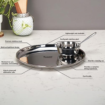 Image 2 of Sumeet Stainless Steel Heavy Gauge Mirror Finish Dinner Solid Set of 15 Pcs (5 Plate, 5 Bowl/Wati, 5 Spoon), Silver