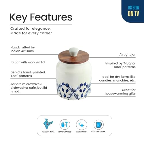 Image 5 of ExclusiveLane 'Royal Mughal' Multi-Utility Airtight Ceramic Jars For Kitchen Storage With Wooden Lid Ceramic Containers For Pickle Cookies Sugar Dry Fruits (Airtight, 380 ML, Hand-Painted, 13.4 Cm)