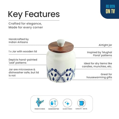 Image 5 of ExclusiveLane 'Royal Mughal' Multi-Utility Airtight Ceramic Jars For Kitchen Storage With Wooden Lid Ceramic Containers For Pickle Cookies Sugar Dry Fruits (Airtight, 380 ML, Hand-Painted, 13.4 Cm)