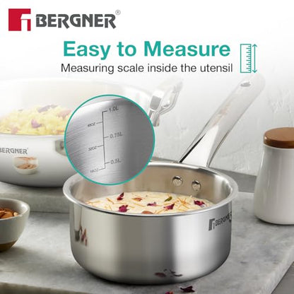 Image 6 of BERGNER TriPro 4 Pcs Tri-Ply Stainless Steel Cookware Combo - 24cm/3L Kadai with Lid, 16cm/1.7L Teapan, 12cm/500ml Tadka Pan