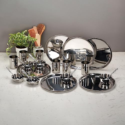 Image 6 of Sumeet Stainless Steel Solid Heavy Gauge Mirror Finish Dinner Set Of 24 Pcs (6 Plate, 6 Bowl/Wati, 6 Glass, 6 Spoon), Silver