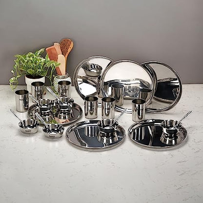 Image 6 of Sumeet Stainless Steel Solid Heavy Gauge Mirror Finish Dinner Set Of 24 Pcs (6 Plate, 6 Bowl/Wati, 6 Glass, 6 Spoon), Silver