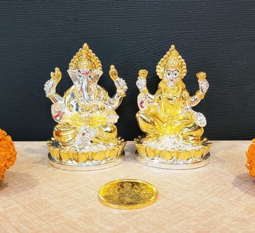 Image 1 of Default Title for the product Gold Art India Kamal Laxmi Ganesh Gold Silver Plated Two Tone Idol for Home Decor with Gold Plated Coin Laxmi Ganesh Idol for Diwali Pooja Laxmi Ganesh Murti for Gift, Laxmi Ganesh Idol Set, (3" Inch)