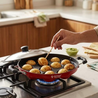 Image 7 of SJE WARE Non-Stick Aluminium Appam Patra 12 Cavity with Lighter, Red