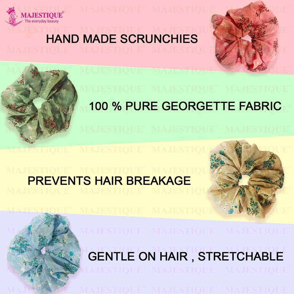 Image 4 of Majestique Georgette Fabric Hair Ties Scrunchies Elastics Leaf Flower Print Rubber Bands - 2 Pcs