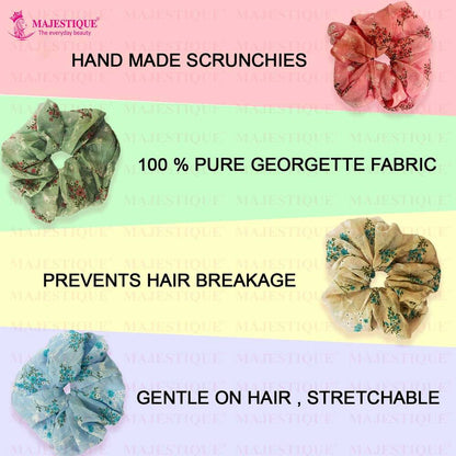 Image 4 of Majestique Georgette Fabric Hair Ties Scrunchies Elastics Leaf Flower Print Rubber Bands - 2 Pcs