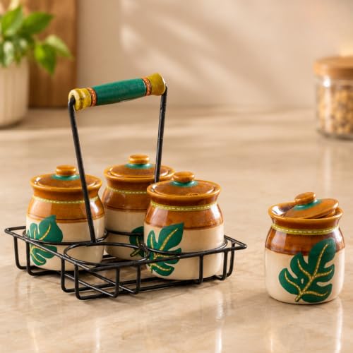 Image 5 of ExclusiveLane Shades of a Leaf Ceramic Pickle Jars with Iron Holder