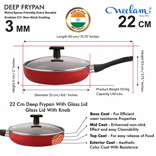 Image 2 of neelam Non-Stick Deep Fry Pan with Glass Lid, 22 cm