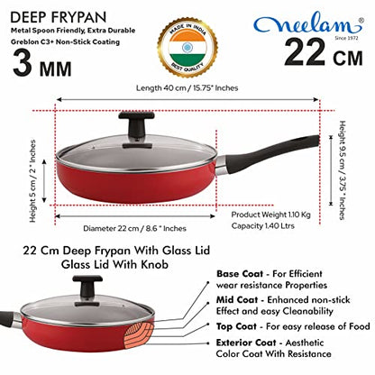 Image 2 of neelam Non-Stick Deep Fry Pan with Glass Lid, 22 cm