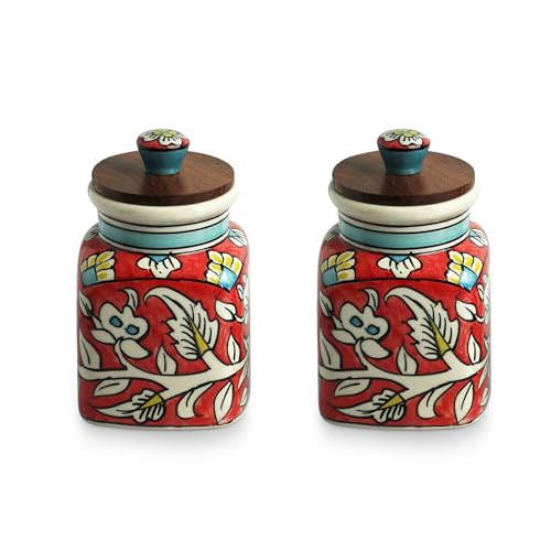 Image 2 of ExclusiveLane Mughal Classic Multi Utility Storage Ceramic Jars with Wooden Lid Set of 2 410 ml