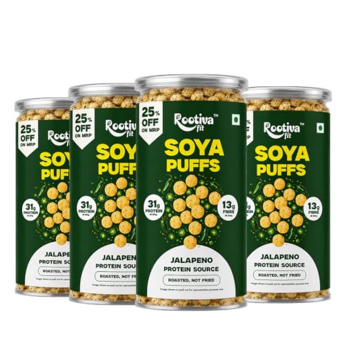 Image 1 of Default Title for the product ROOTIVAFIT Soya Puffs Jalapeno Flavour, Roasted Not Fried, Protein Source with 31g Protein and 13g Fibre, 90g Each, Pack of 4