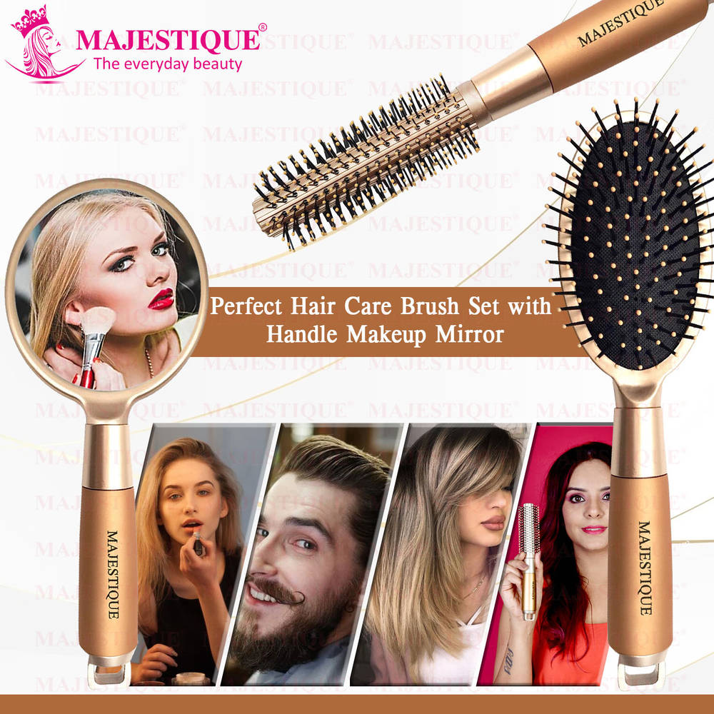 Image 5 of Majestique Golden Set Of Round And Oval Cushion Hair Brushes With Mirror