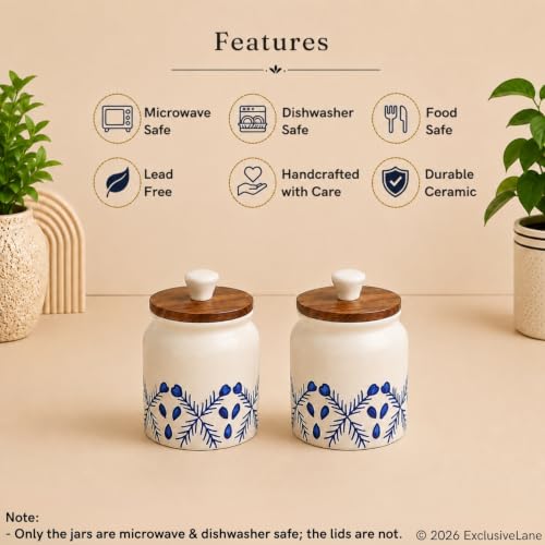 Image 6 of ExclusiveLane 'Royal Mughal' Airtight Ceramic Jars For Kitchen Storage With Wooden Lid Ceramic Containers For Pickle Cookies Sugar Dry Fruits (Set of 2, Airtight, 380 ML, Hand-Painted, 13.4 Cm)