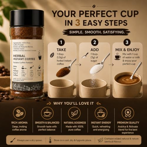 Image 6 of Evora Greens Herbal Instant Coffee | Arabica & Robusta Blend with Functional Herbs | Smooth Strong Taste | Hot & Black Coffee | Makes ~50 Cups | 100g Glass Jar