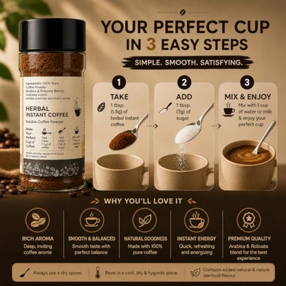Image 6 of Evora Greens Herbal Instant Coffee | Arabica & Robusta Blend with Functional Herbs | Smooth Strong Taste | Hot & Black Coffee | Makes ~50 Cups | 100g Glass Jar