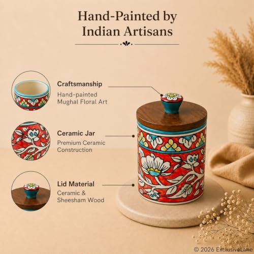 Image 2 of ExclusiveLane Mughal Barrel Multi Utility Storage Ceramic Jars With Wooden Lid Set of 2 420 ml