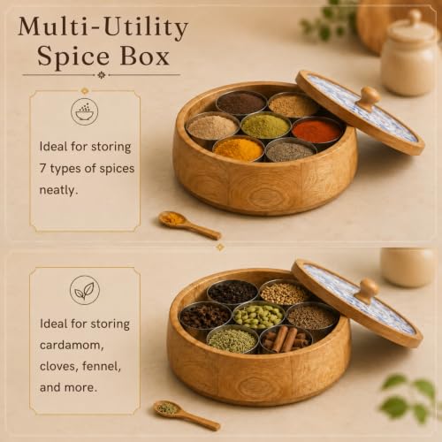 Image 4 of ExclusiveLane Indigo Baagh Wooden Spice Box with Spoon (7 Containers, 130 ml Each)