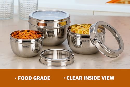 Image 4 of Sumeet Stainless Steel Apple Shape Storage Containers for kitchen with Transparent See Through Lid, 11cm, 13cm & 14.5cm Dia, 600ml, 900ml & 1250ml, Pack of 3, Silver