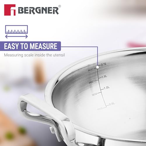 Image 6 of BERGNER BE Essentials TriPly 4 Pcs Stainless Steel Cookware Set - 24cm (3.1L) Kadai, 24cm (1.5L) Frypan, Common Flat Glass Lid, 26cm Non-Stick Roti Tawa